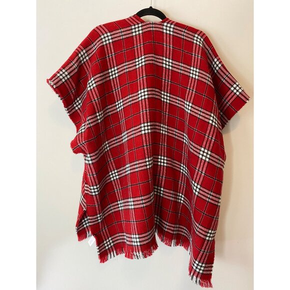 Loft Plaid Poncho Set Of 2 Black & Tan Red & White Fringed Hem Small - Picture 5 of 13